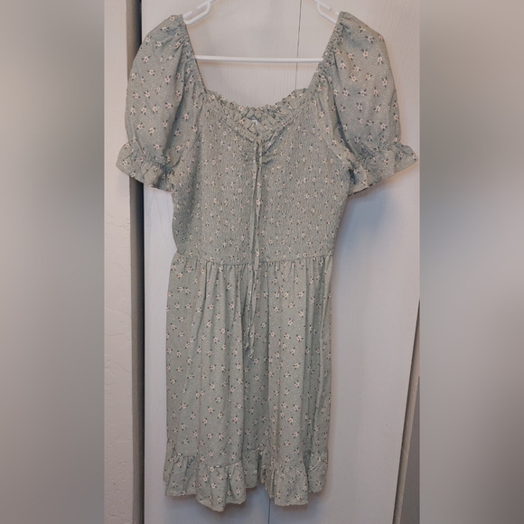 AUW Fit & Flare Green Floral Peasant Babydoll Dress Size 1X Rouching Ruffle Boho - Picture 6 of 11